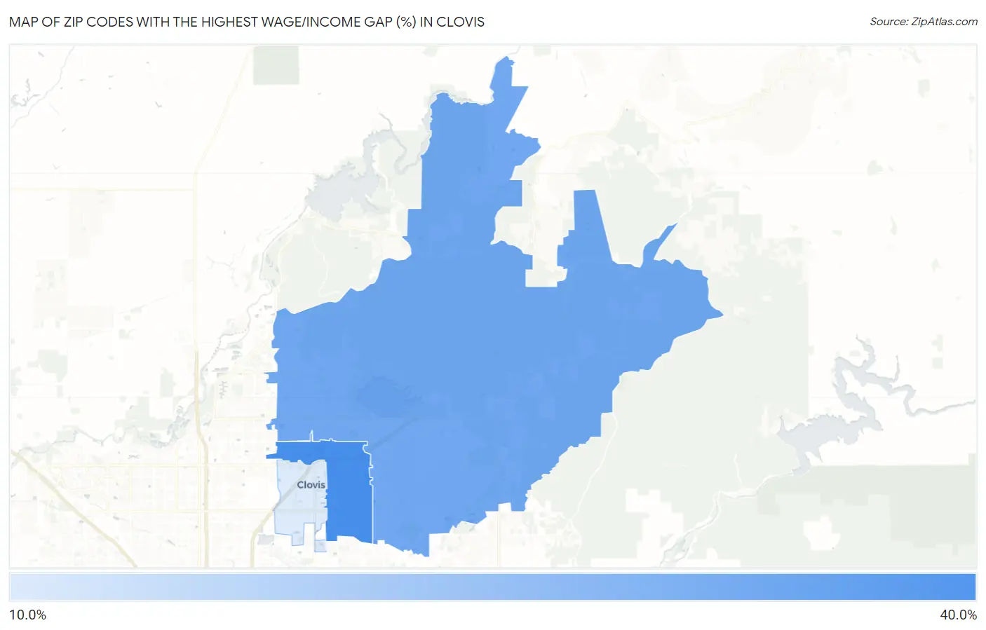 Zip Codes with the Highest Wage/Income Gap (%) in Clovis Map