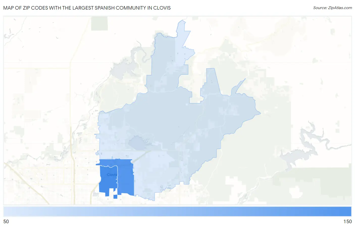 Zip Codes with the Largest Spanish Community in Clovis Map