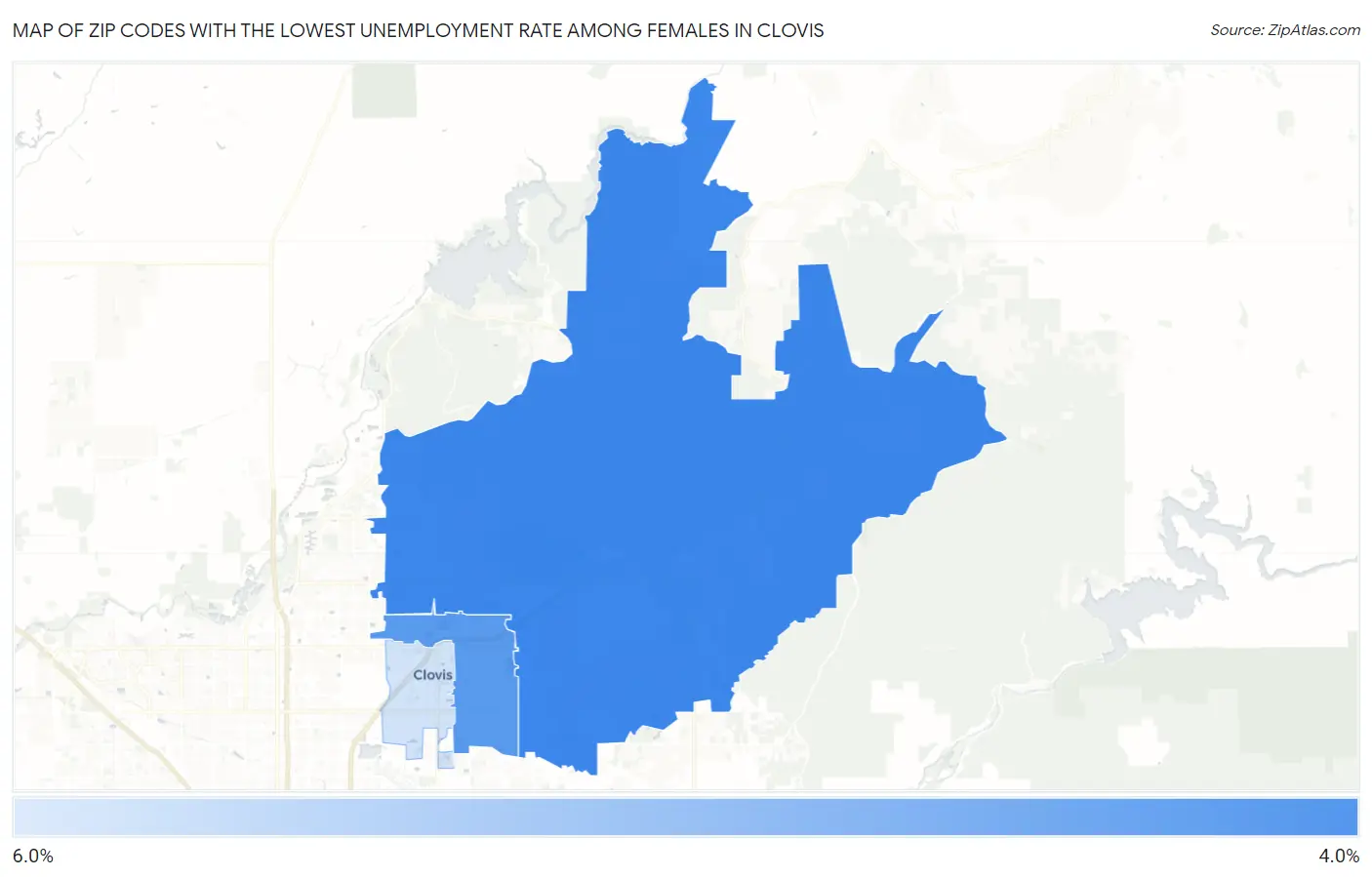 Zip Codes with the Lowest Unemployment Rate Among Females in Clovis Map