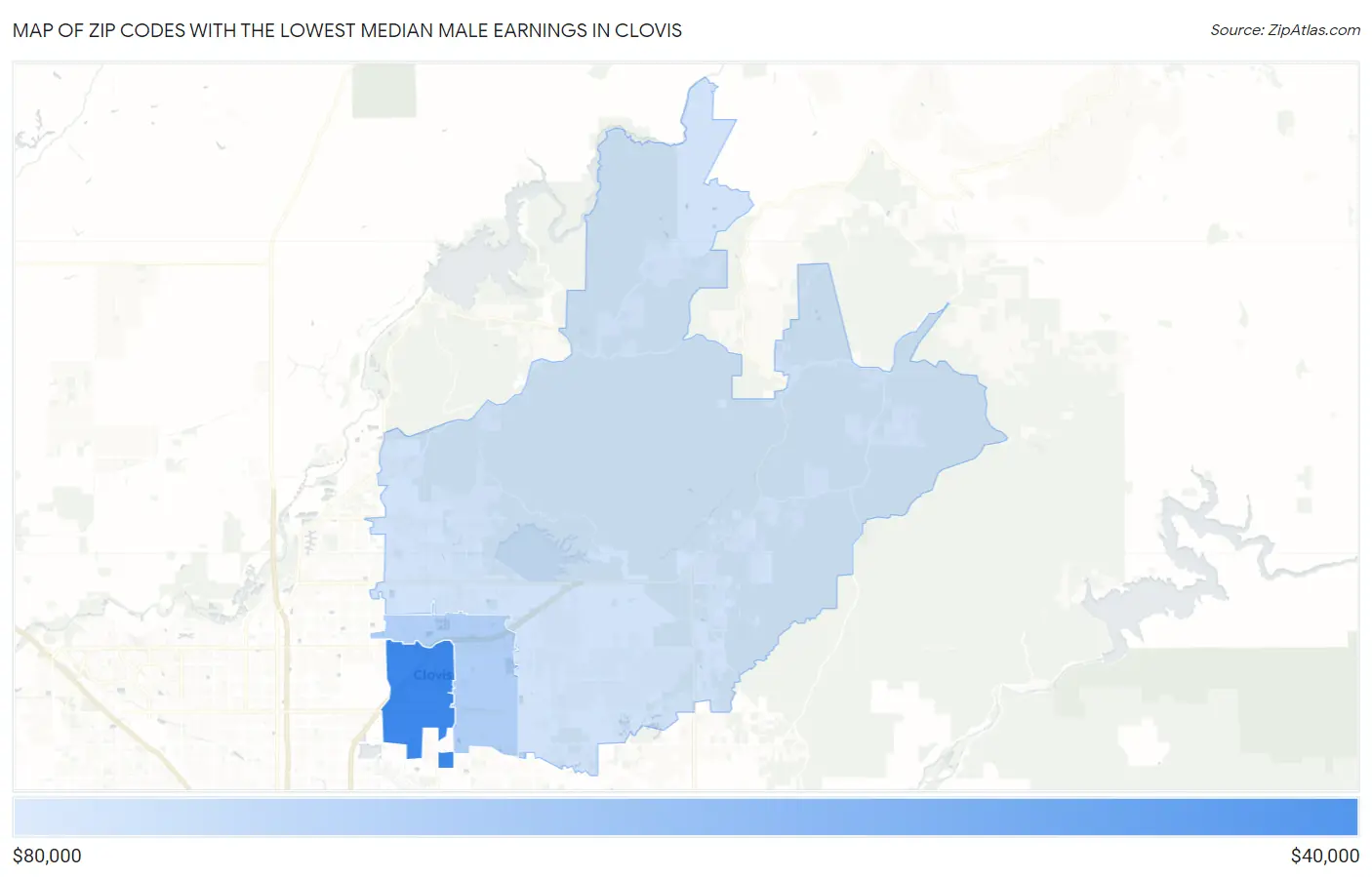 Zip Codes with the Lowest Median Male Earnings in Clovis Map