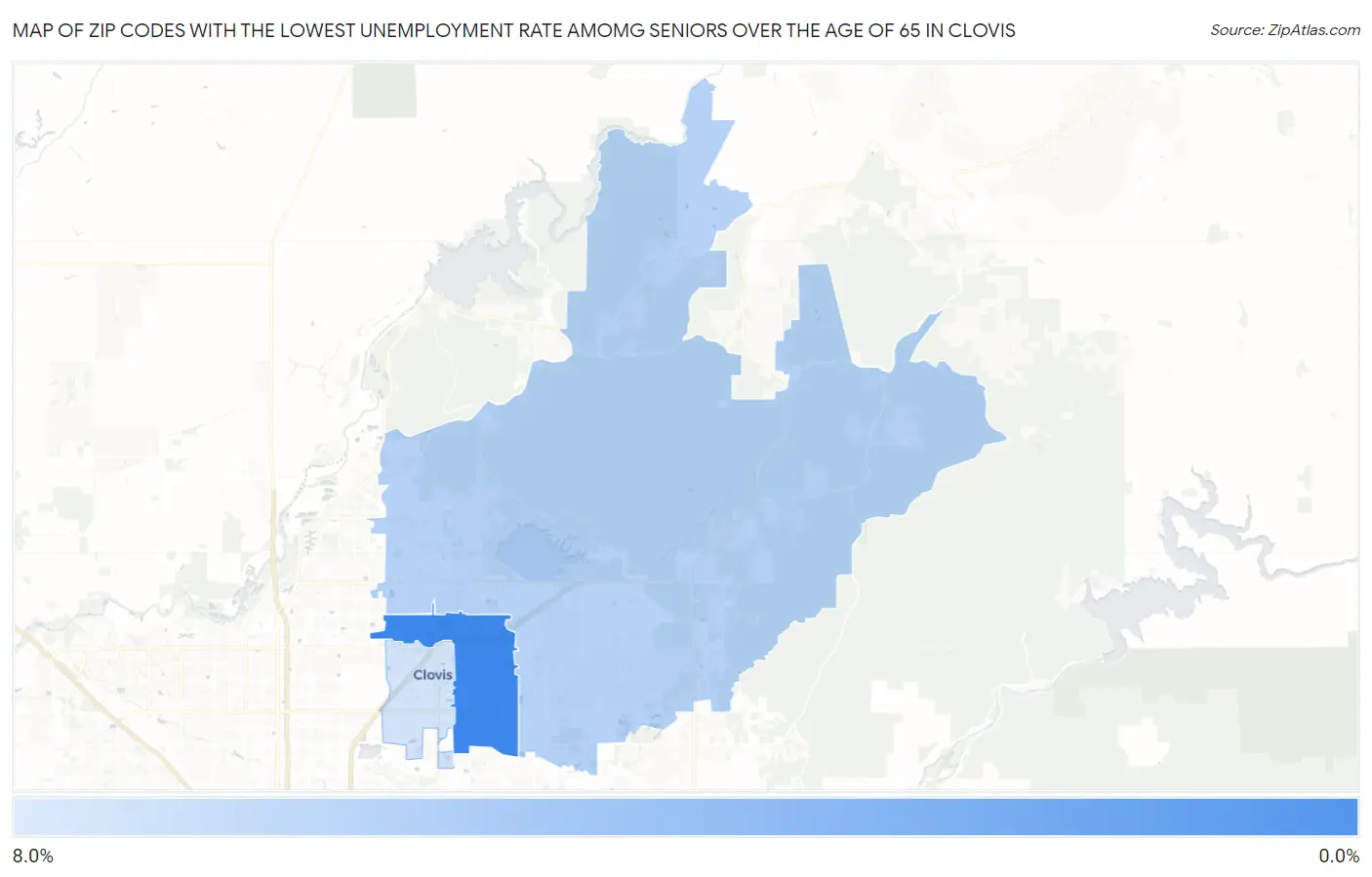 Zip Codes with the Lowest Unemployment Rate Amomg Seniors Over the Age of 65 in Clovis Map
