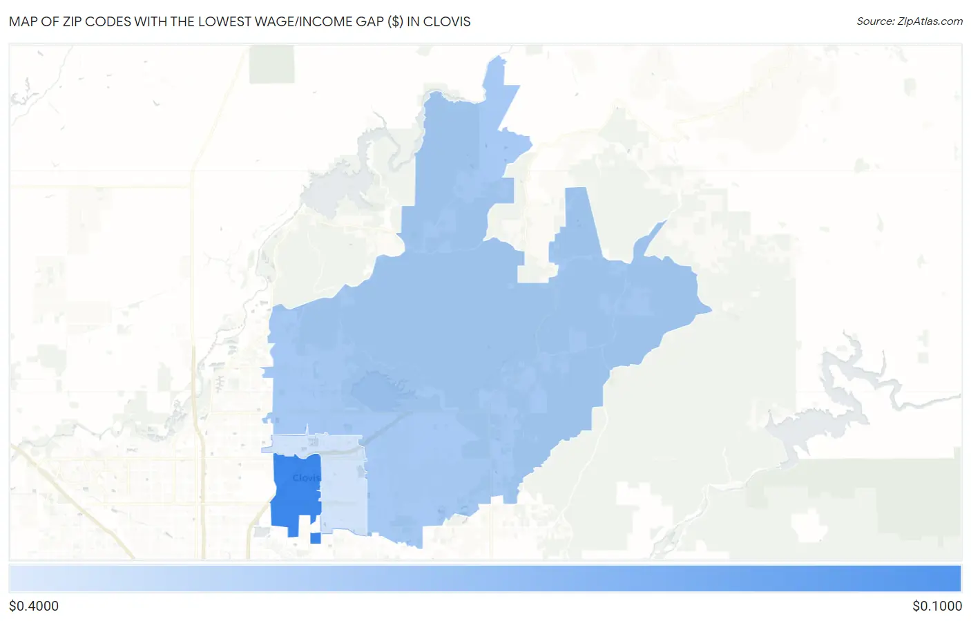 Zip Codes with the Lowest Wage/Income Gap ($) in Clovis Map