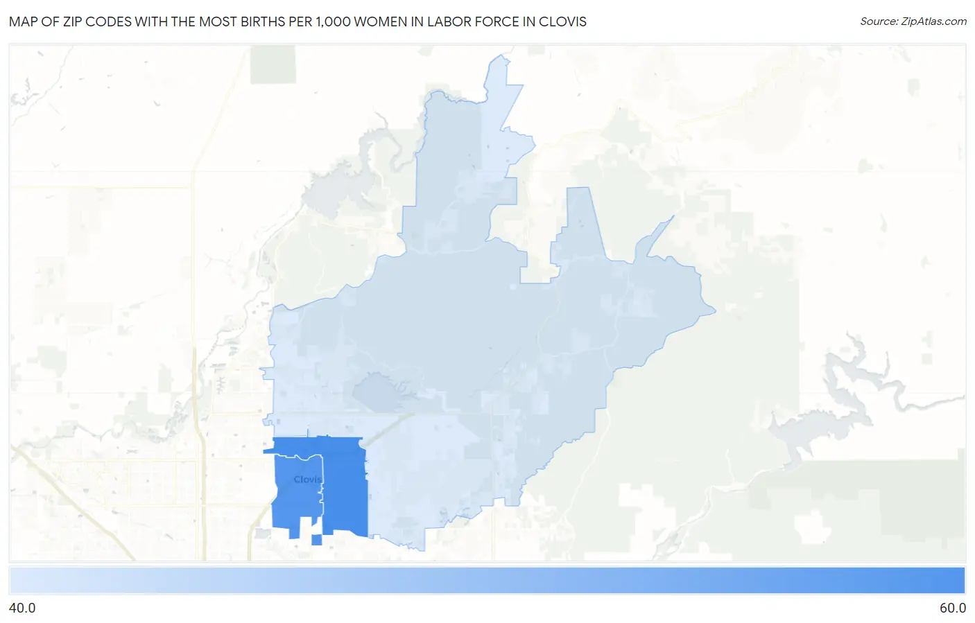 Zip Codes with the Most Births per 1,000 Women in Labor Force in Clovis Map
