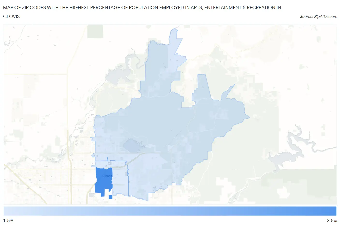 Zip Codes with the Highest Percentage of Population Employed in Arts, Entertainment & Recreation in Clovis Map