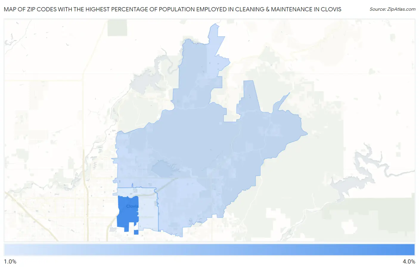 Zip Codes with the Highest Percentage of Population Employed in Cleaning & Maintenance in Clovis Map