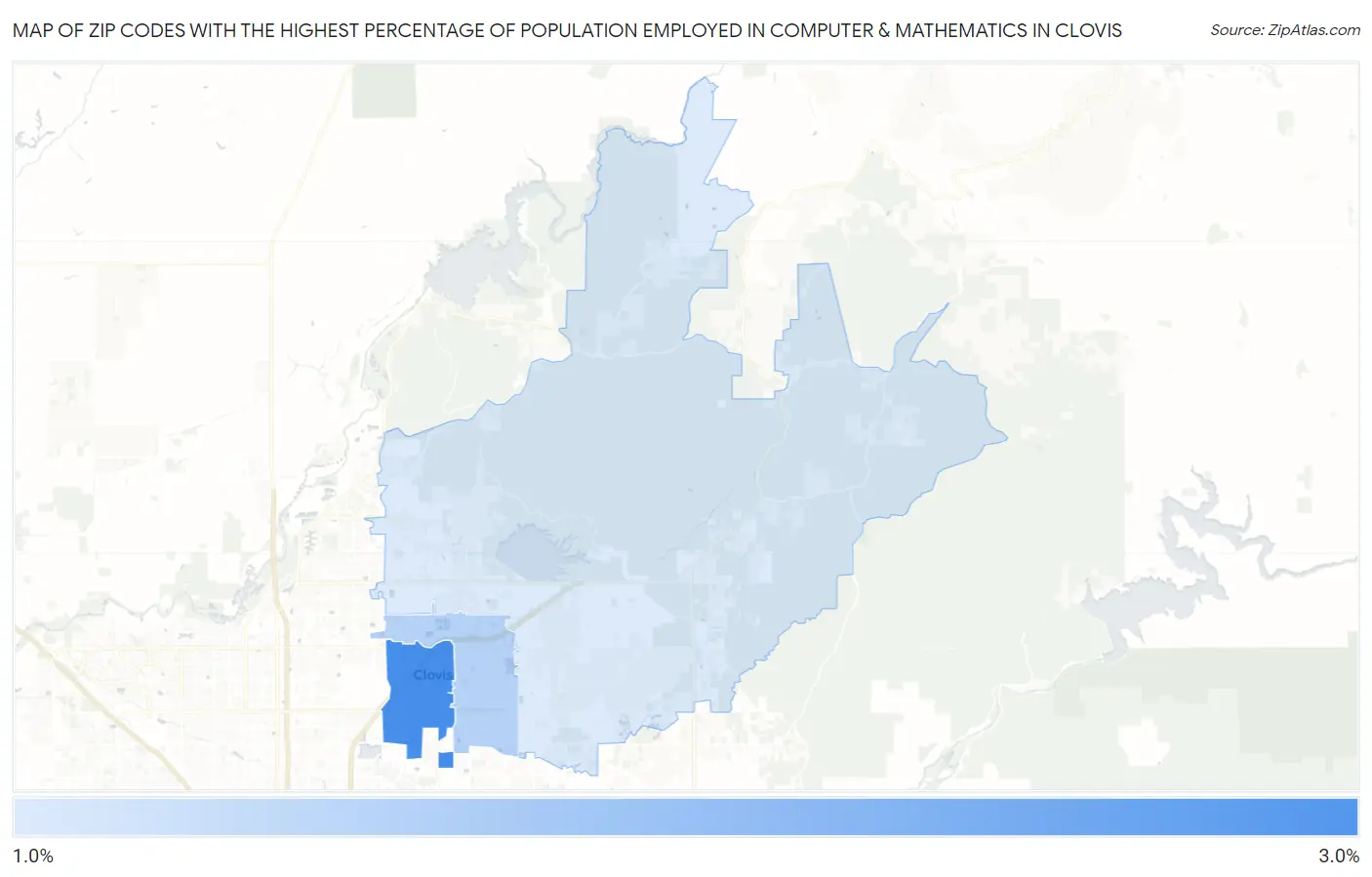 Zip Codes with the Highest Percentage of Population Employed in Computer & Mathematics in Clovis Map