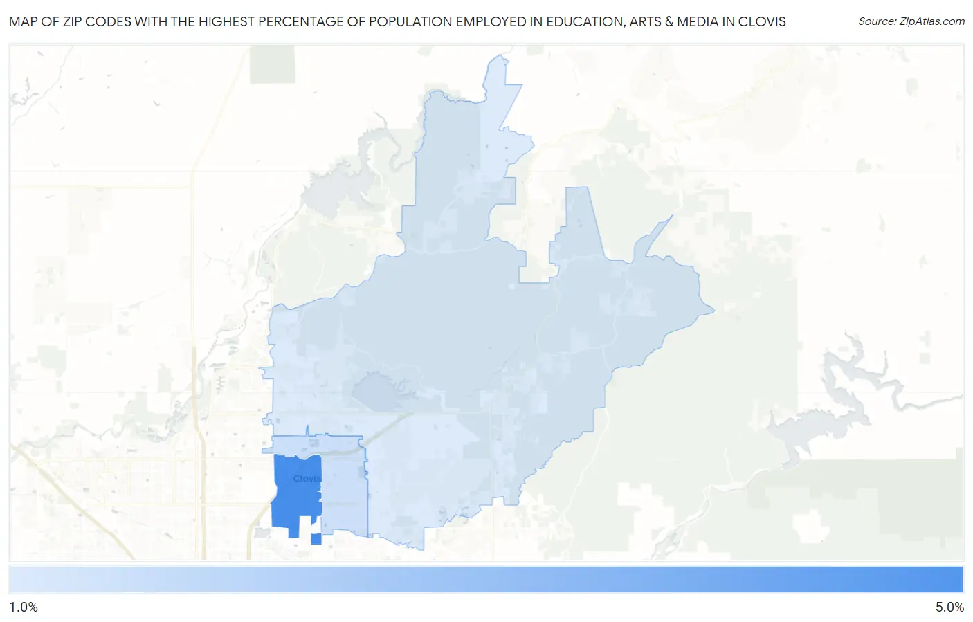 Zip Codes with the Highest Percentage of Population Employed in Education, Arts & Media in Clovis Map