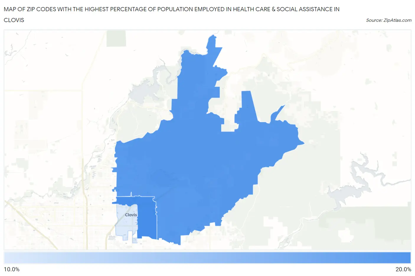 Zip Codes with the Highest Percentage of Population Employed in Health Care & Social Assistance in Clovis Map