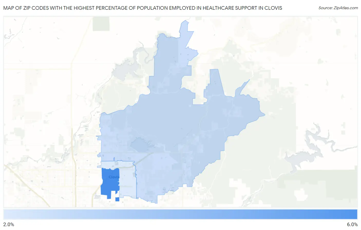 Zip Codes with the Highest Percentage of Population Employed in Healthcare Support in Clovis Map