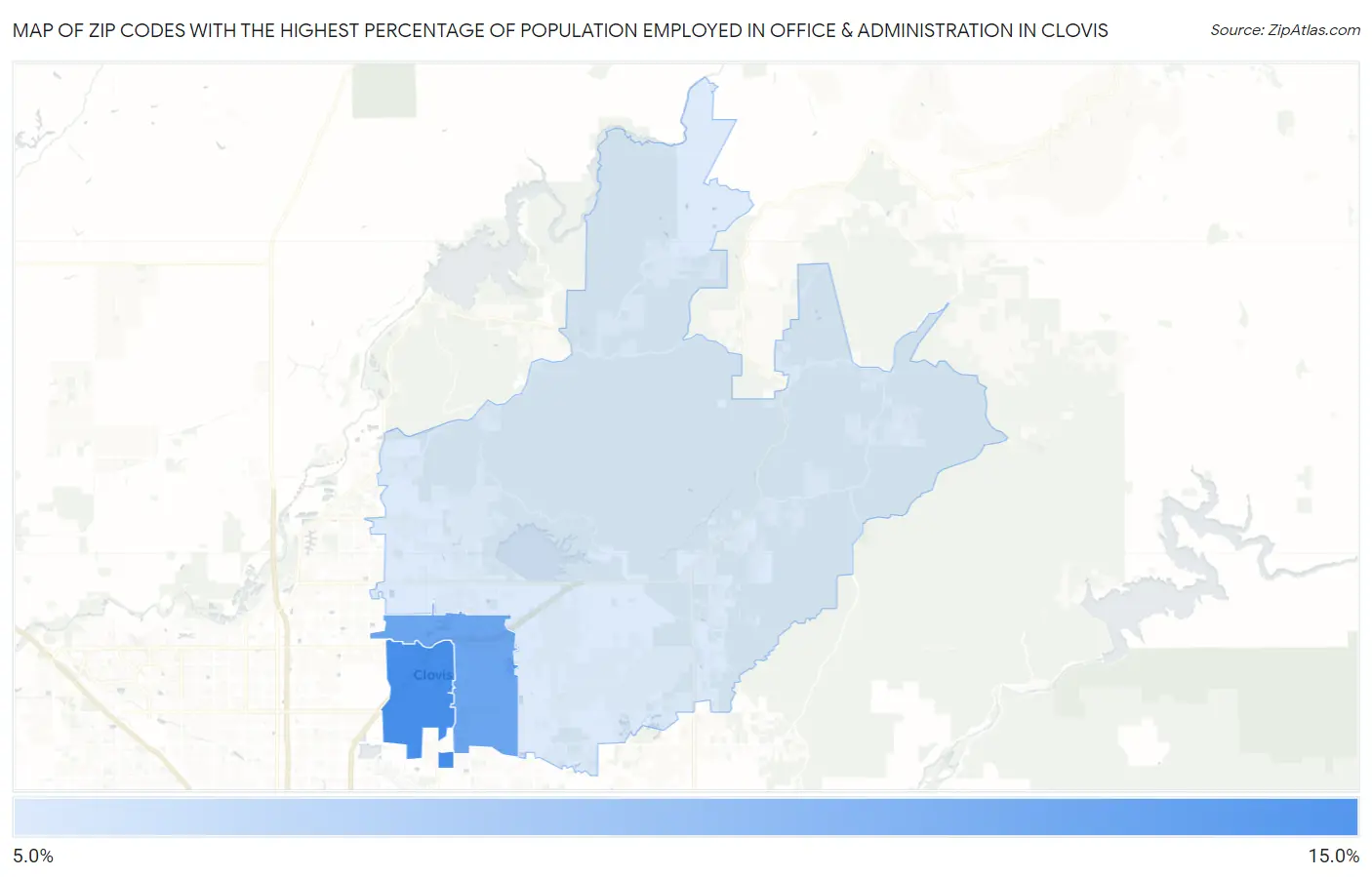 Zip Codes with the Highest Percentage of Population Employed in Office & Administration in Clovis Map