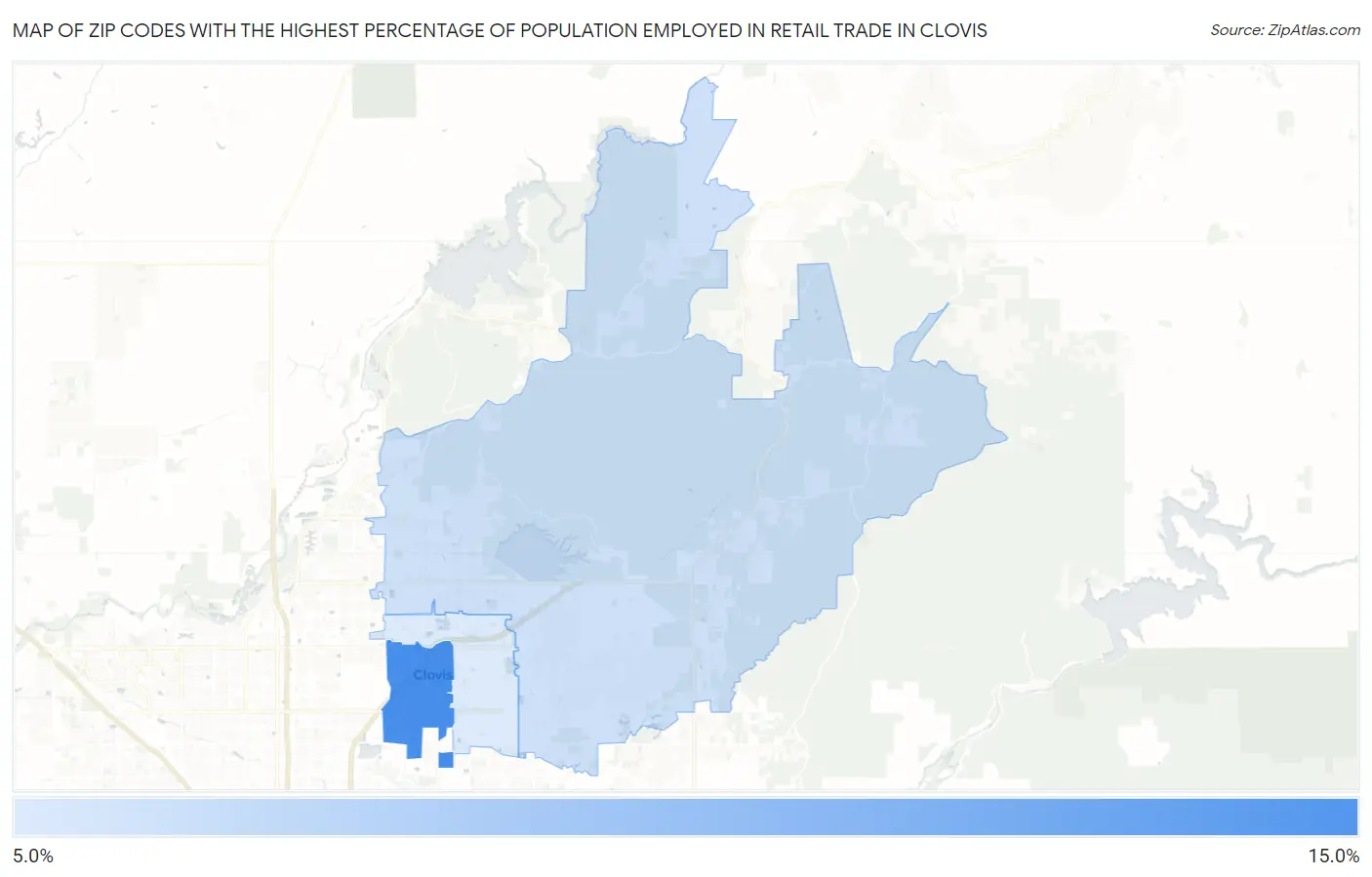 Zip Codes with the Highest Percentage of Population Employed in Retail Trade in Clovis Map