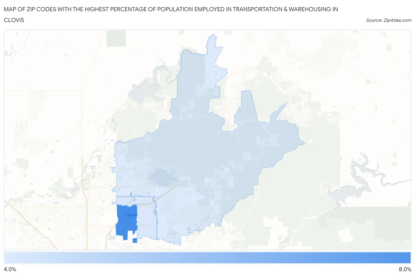 Zip Codes with the Highest Percentage of Population Employed in Transportation & Warehousing in Clovis Map