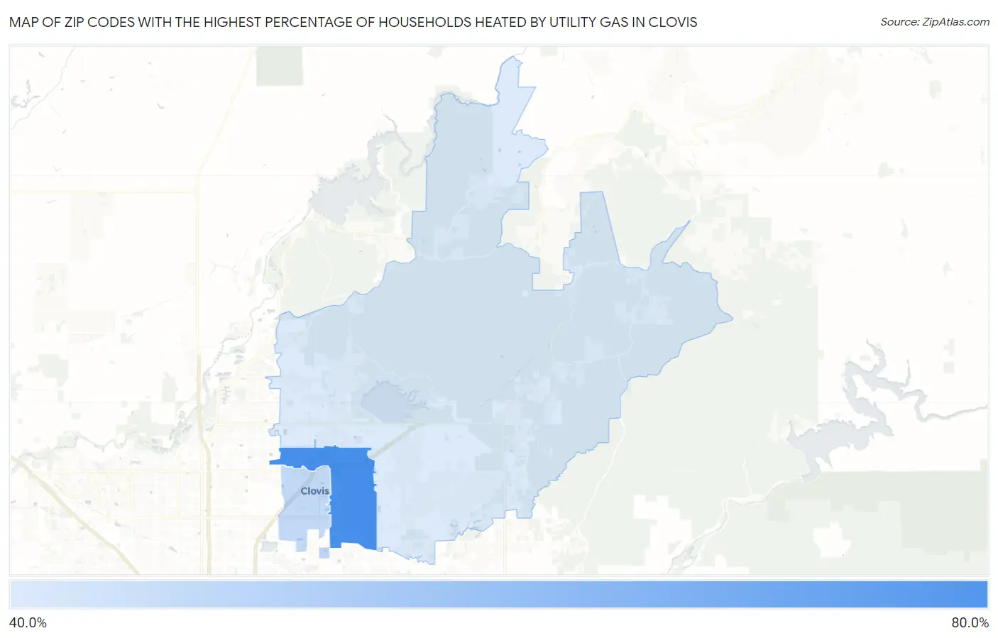 Zip Codes with the Highest Percentage of Households Heated by Utility Gas in Clovis Map