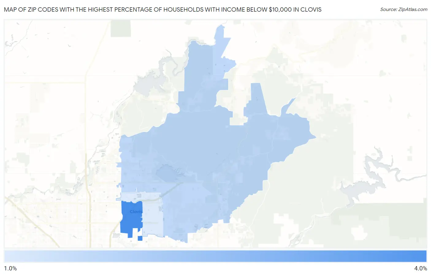 Zip Codes with the Highest Percentage of Households with Income Below $10,000 in Clovis Map