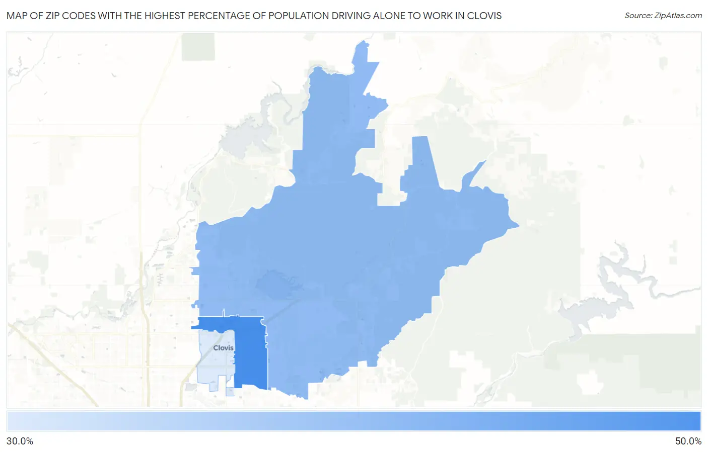 Zip Codes with the Highest Percentage of Population Driving Alone to Work in Clovis Map