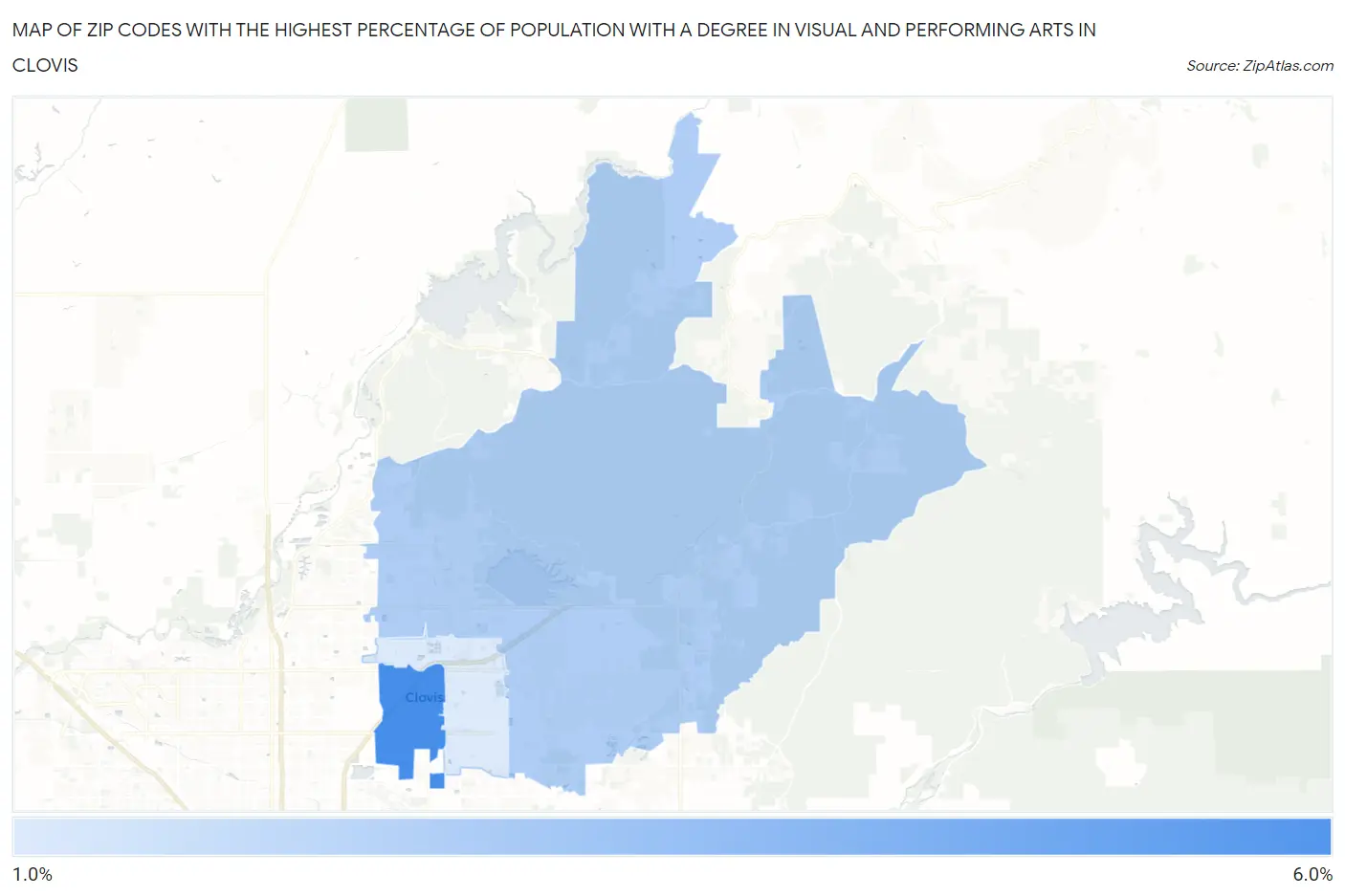 Zip Codes with the Highest Percentage of Population with a Degree in Visual and Performing Arts in Clovis Map