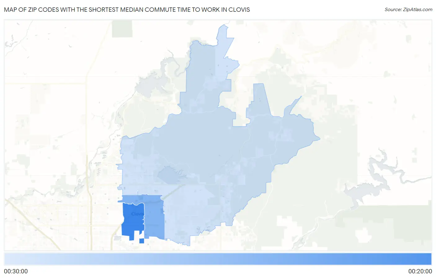 Zip Codes with the Shortest Median Commute Time to Work in Clovis Map