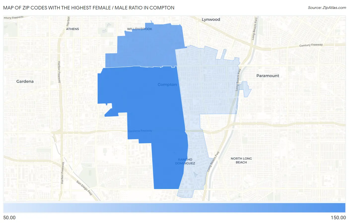 Zip Codes with the Highest Female / Male Ratio in Compton Map