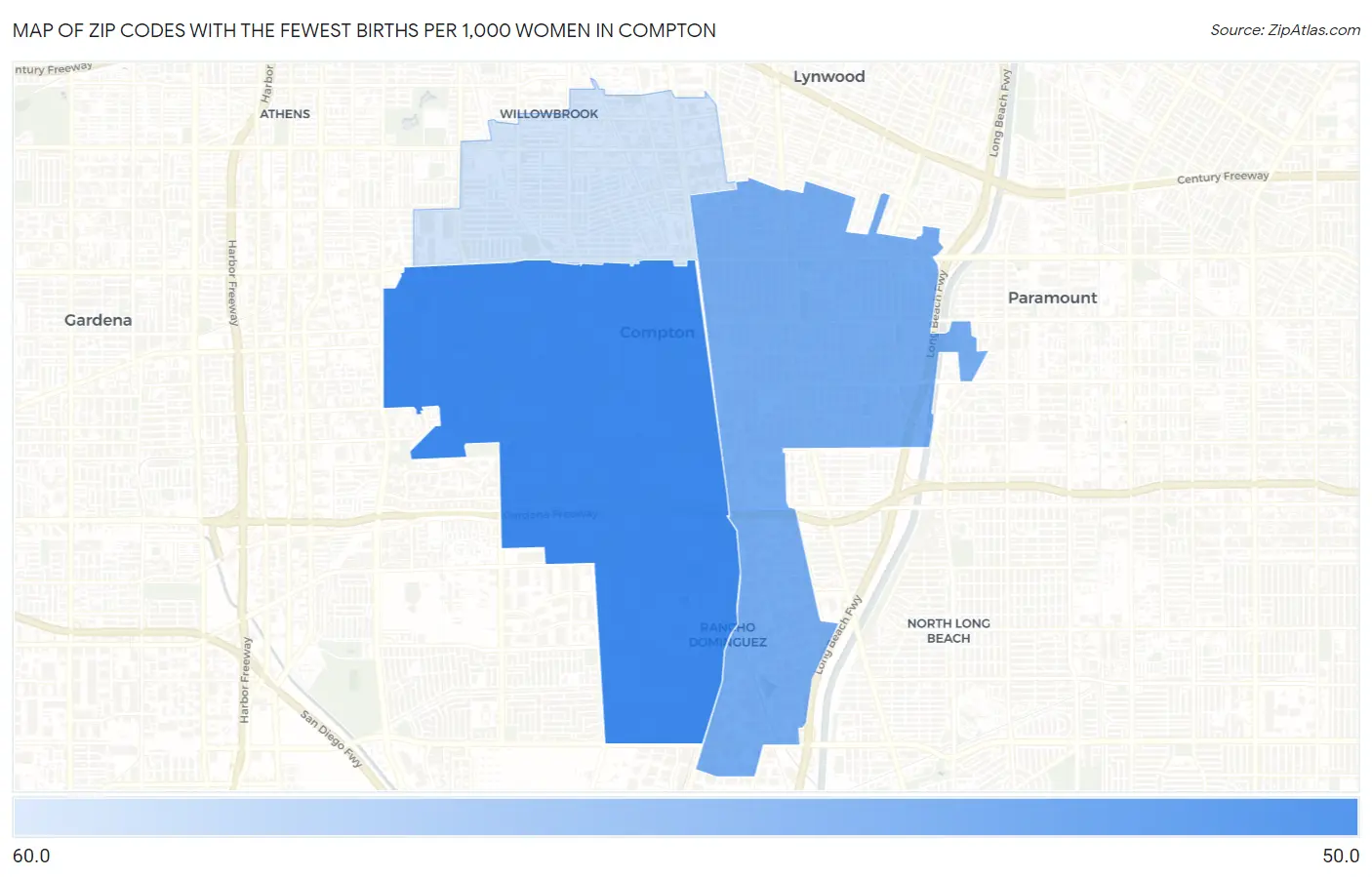 Zip Codes with the Fewest Births per 1,000 Women in Compton Map