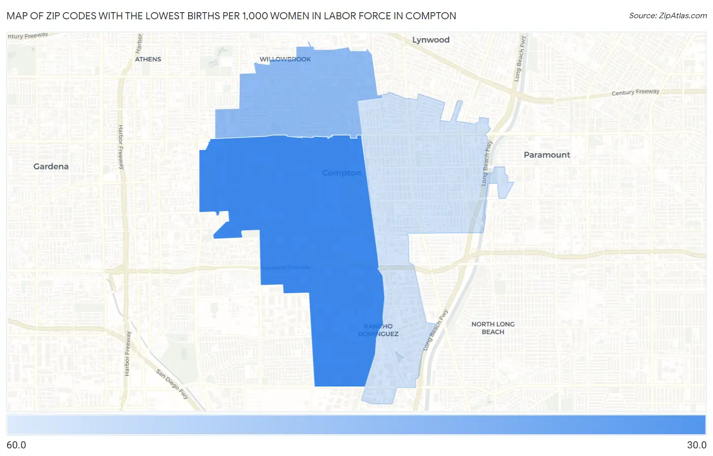 Zip Codes with the Lowest Births per 1,000 Women in Labor Force in Compton Map