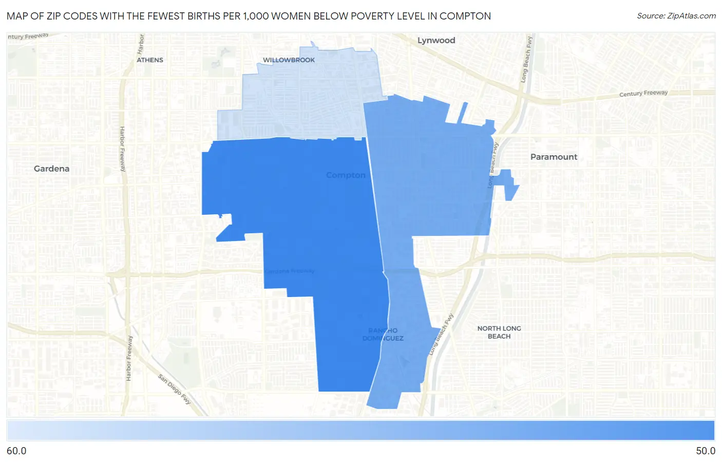 Zip Codes with the Fewest Births per 1,000 Women Below Poverty Level in Compton Map