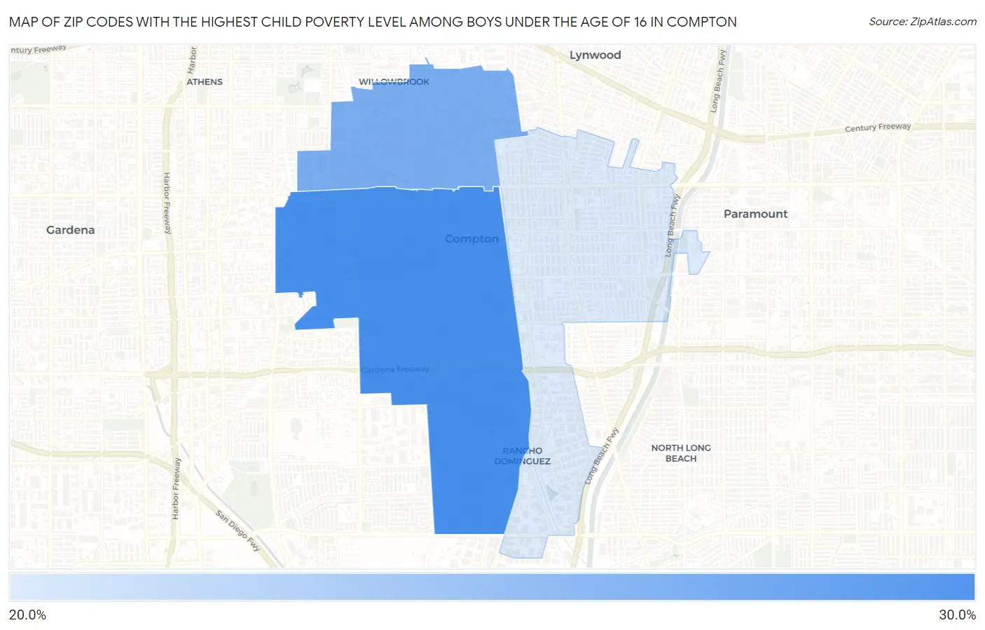 Zip Codes with the Highest Child Poverty Level Among Boys Under the Age of 16 in Compton Map