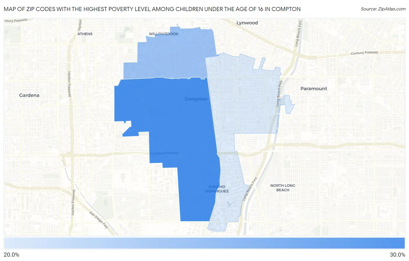 Zip Codes with the Highest Poverty Level Among Children Under the Age of 16 in Compton Map