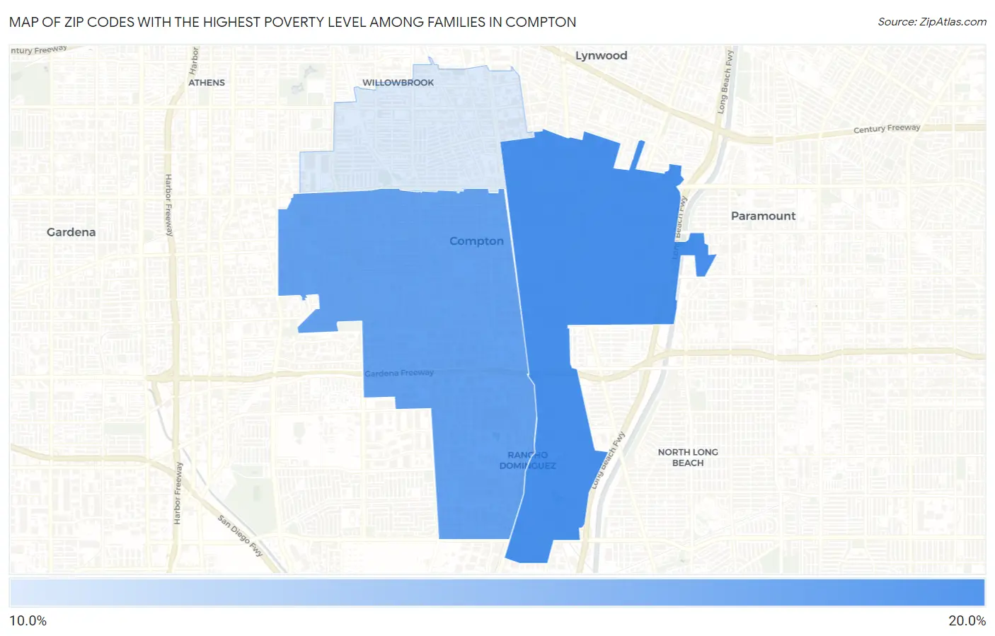 Zip Codes with the Highest Poverty Level Among Families in Compton Map