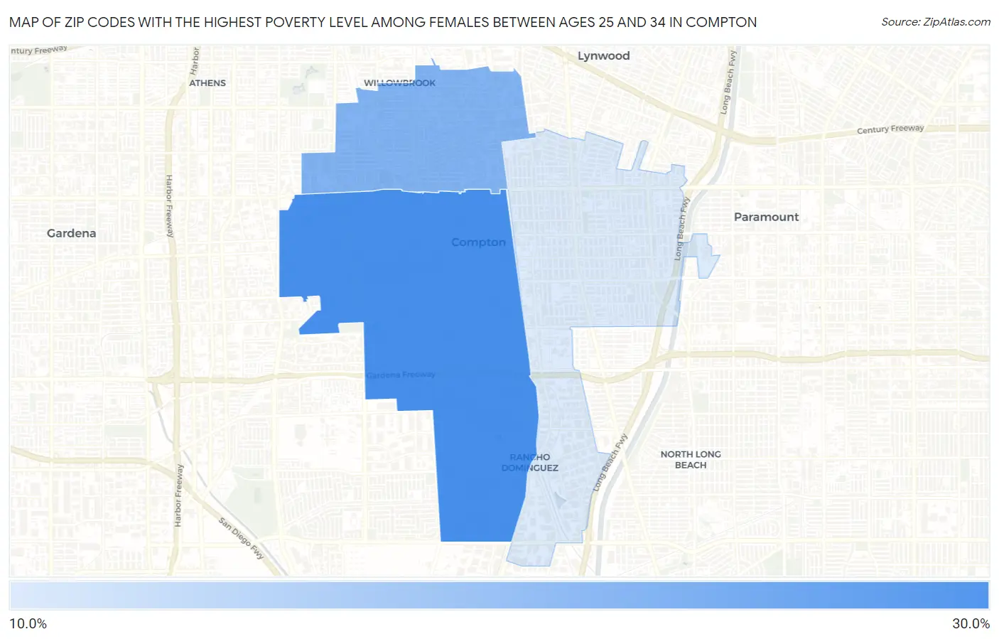 Zip Codes with the Highest Poverty Level Among Females Between Ages 25 and 34 in Compton Map