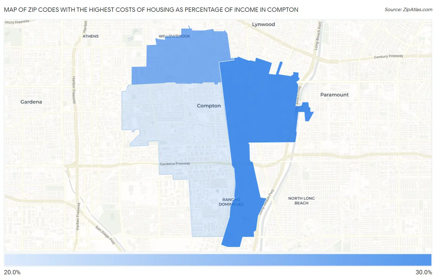 Zip Codes with the Highest Costs of Housing as Percentage of Income in Compton Map