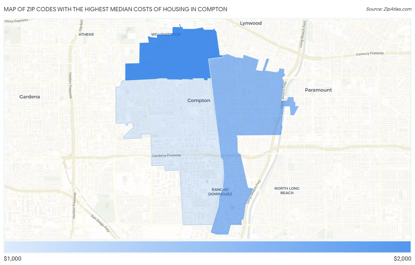 Zip Codes with the Highest Median Costs of Housing in Compton Map