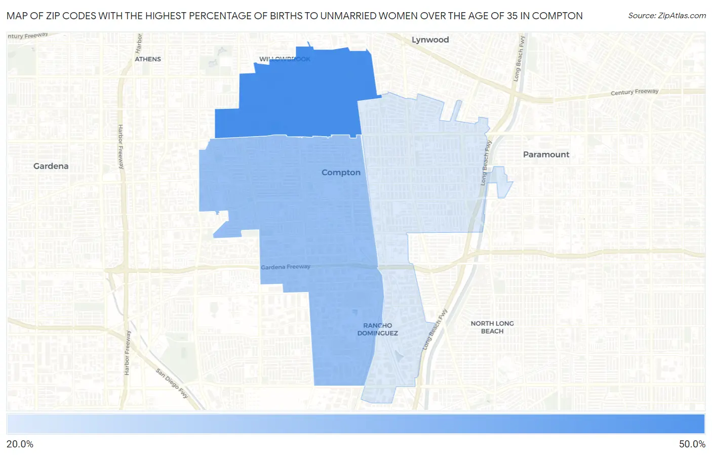 Zip Codes with the Highest Percentage of Births to Unmarried Women over the Age of 35 in Compton Map