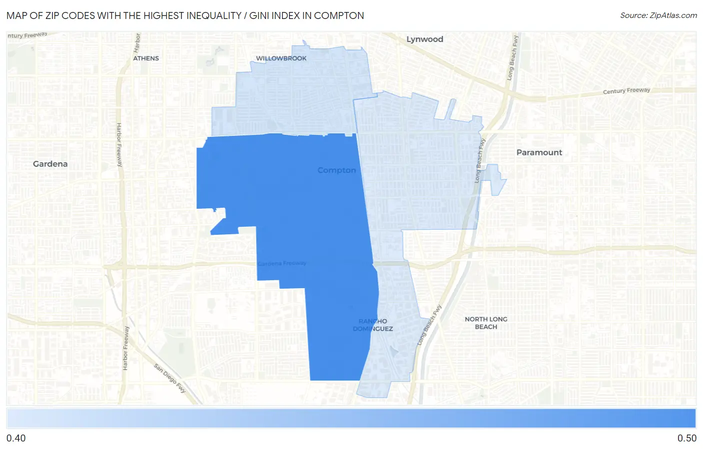Zip Codes with the Highest Inequality / Gini Index in Compton Map