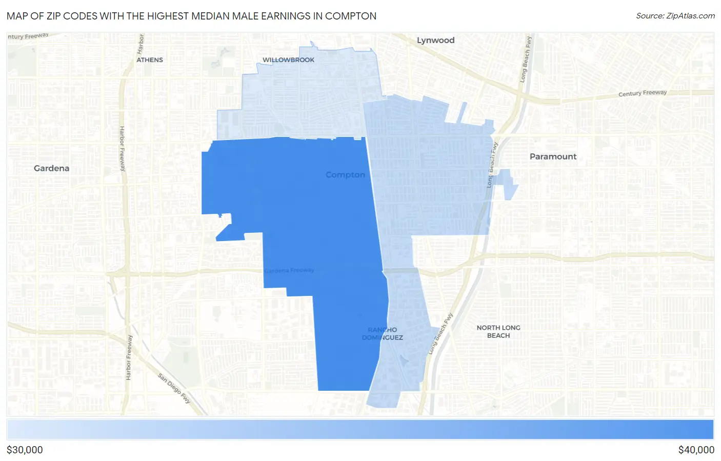 Zip Codes with the Highest Median Male Earnings in Compton Map