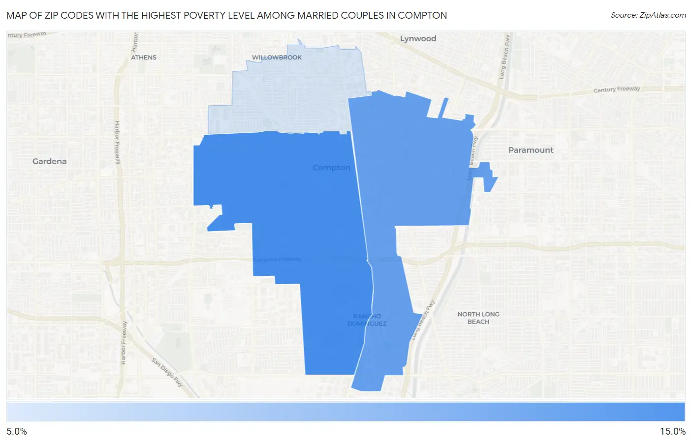 Zip Codes with the Highest Poverty Level Among Married Couples in Compton Map