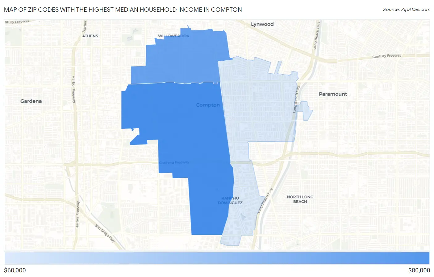 Zip Codes with the Highest Median Household Income in Compton Map