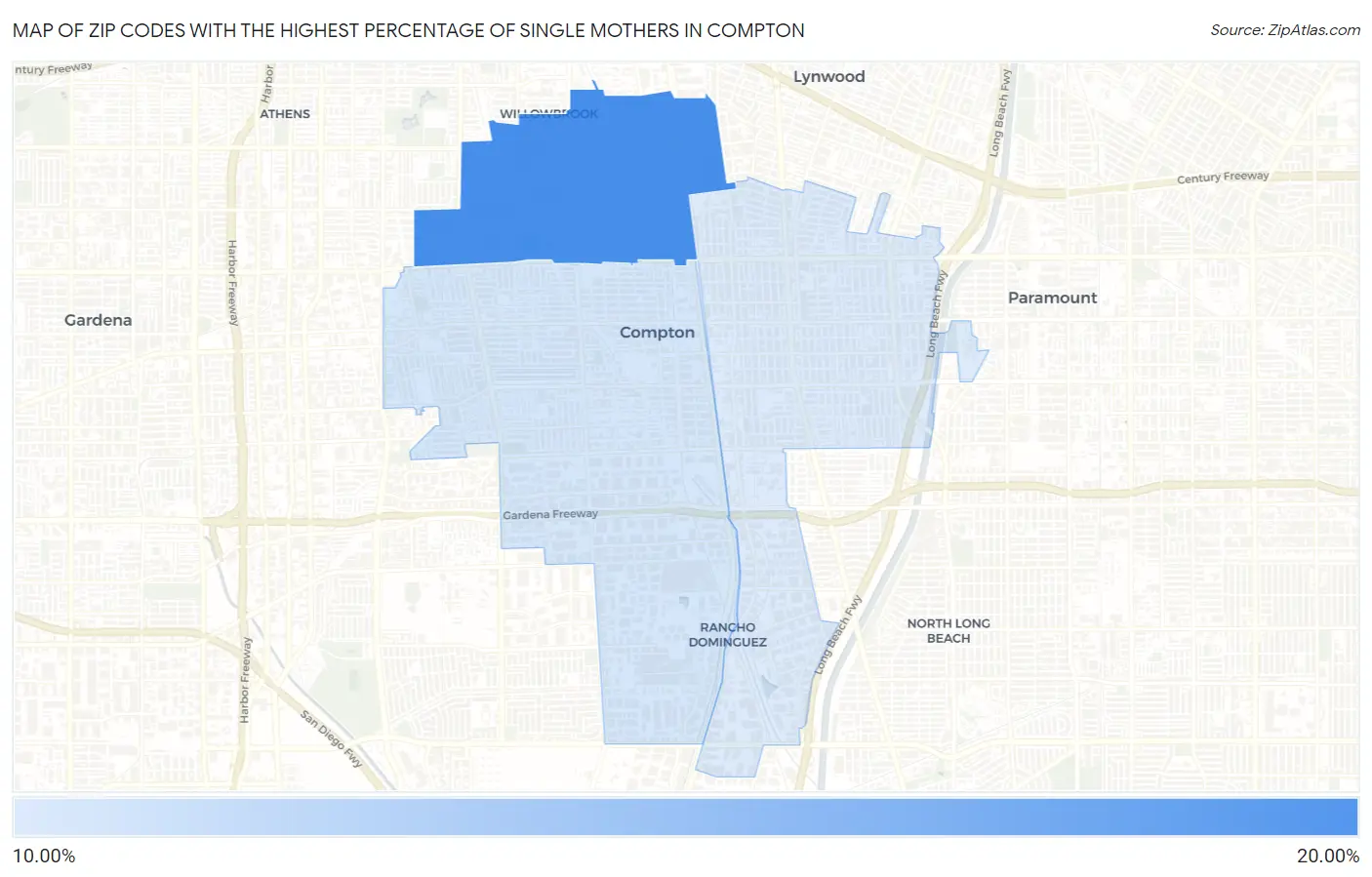 Zip Codes with the Highest Percentage of Single Mothers in Compton Map