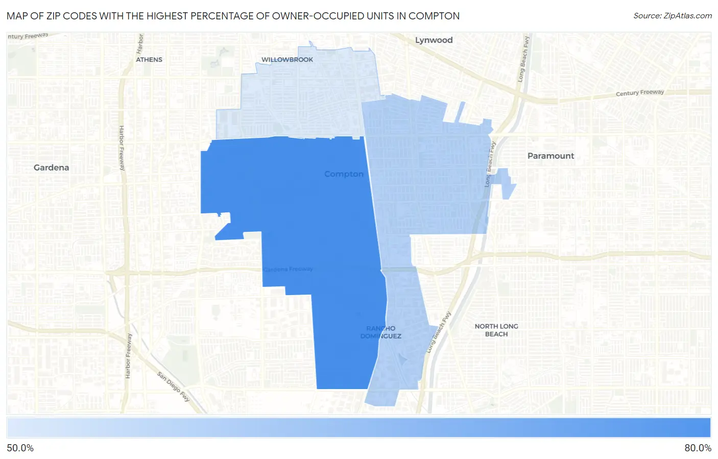 Zip Codes with the Highest Percentage of Owner-Occupied Units in Compton Map