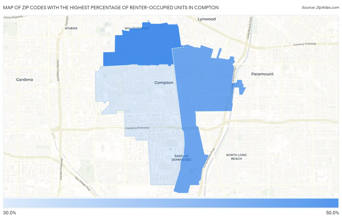 Zip Codes with the Highest Percentage of Renter-Occupied Units in Compton Map