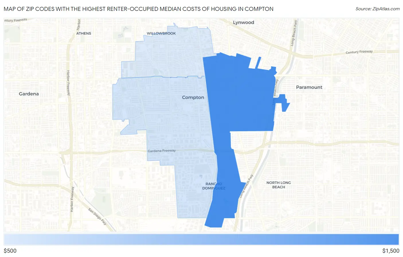Zip Codes with the Highest Renter-Occupied Median Costs of Housing in Compton Map