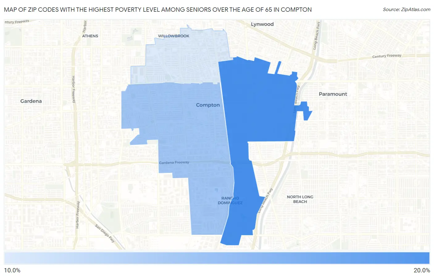 Zip Codes with the Highest Poverty Level Among Seniors Over the Age of 65 in Compton Map