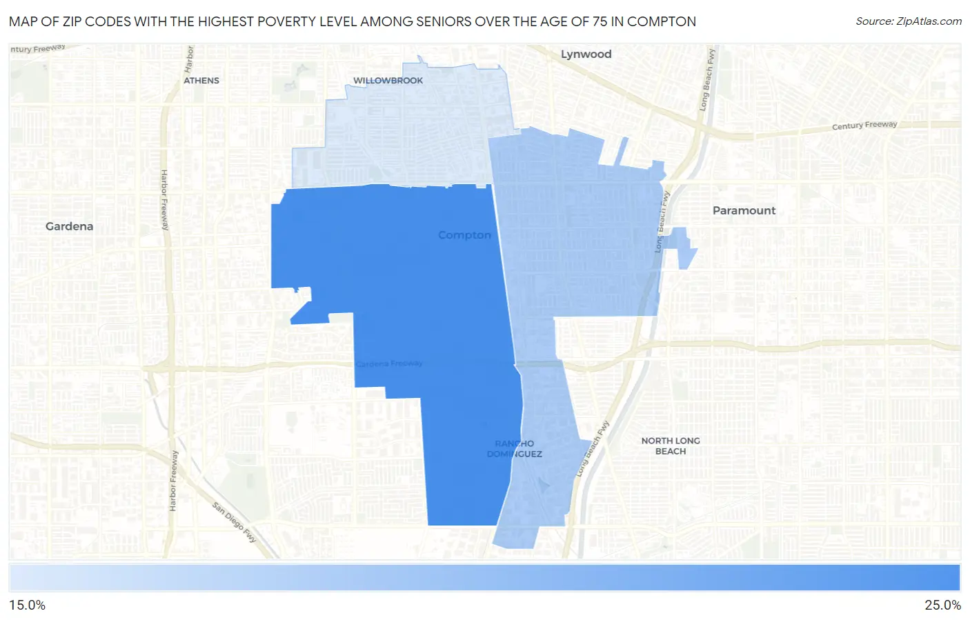 Zip Codes with the Highest Poverty Level Among Seniors Over the Age of 75 in Compton Map