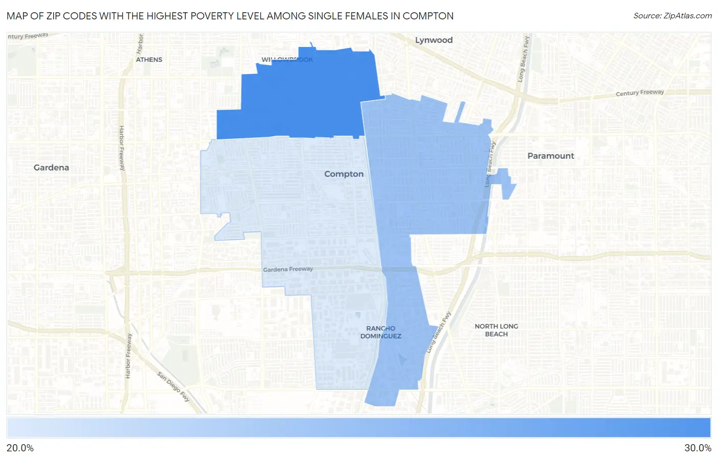 Zip Codes with the Highest Poverty Level Among Single Females in Compton Map