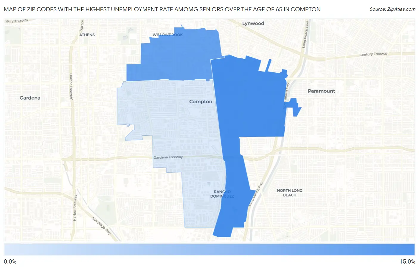 Zip Codes with the Highest Unemployment Rate Amomg Seniors Over the Age of 65 in Compton Map