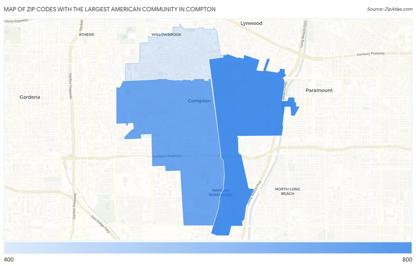 Zip Codes with the Largest American Community in Compton Map