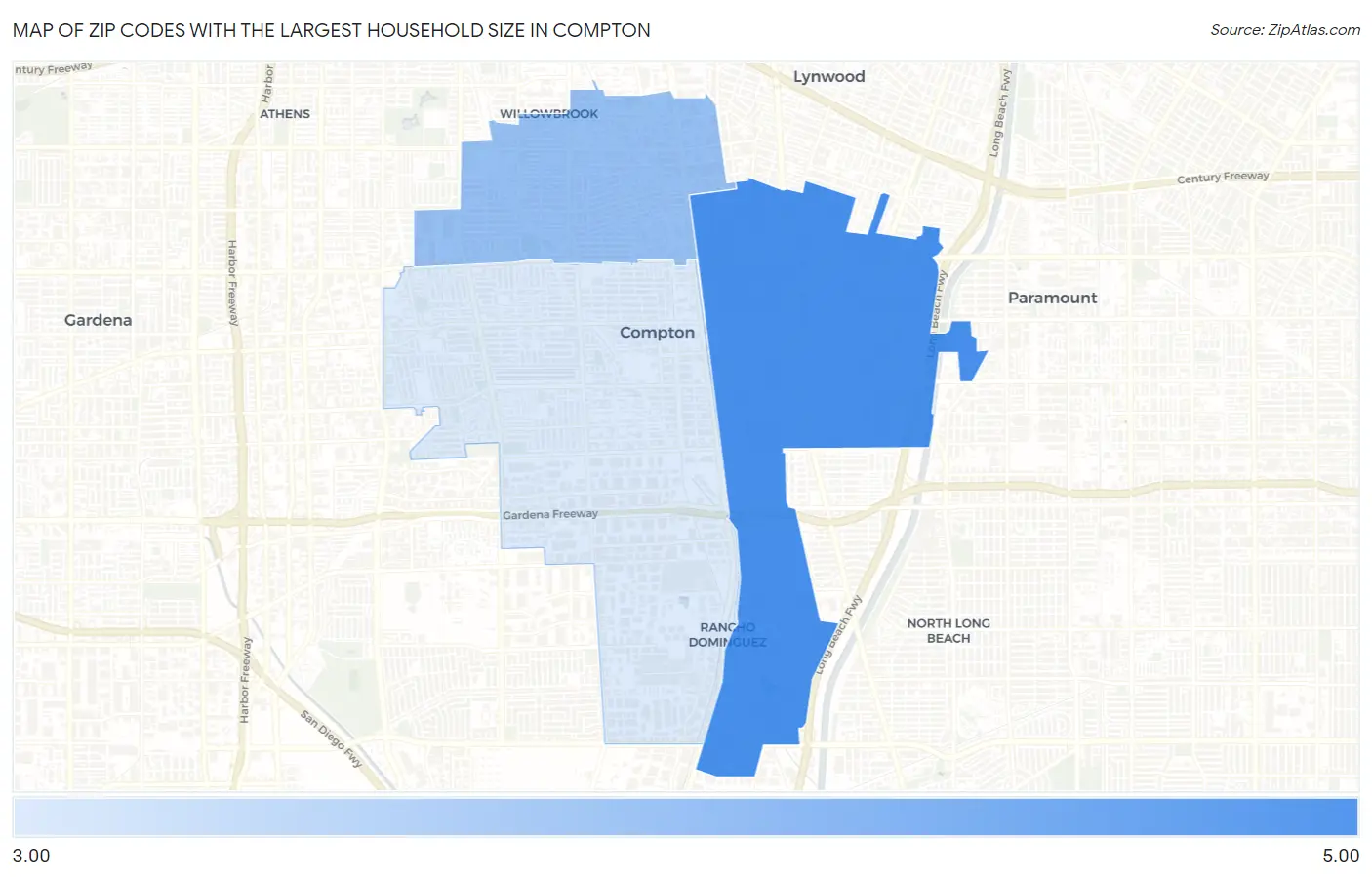 Zip Codes with the Largest Household Size in Compton Map