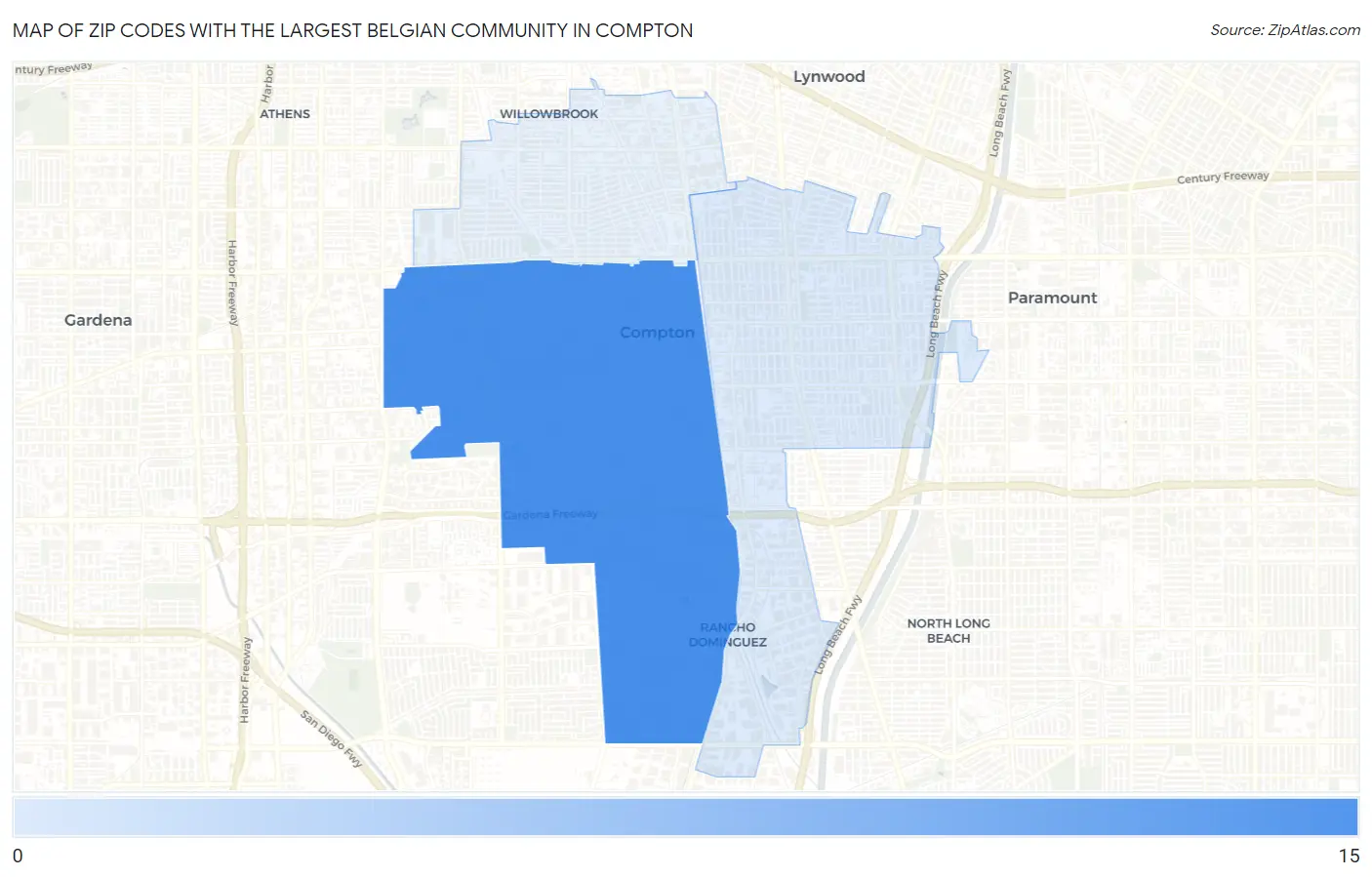 Zip Codes with the Largest Belgian Community in Compton Map