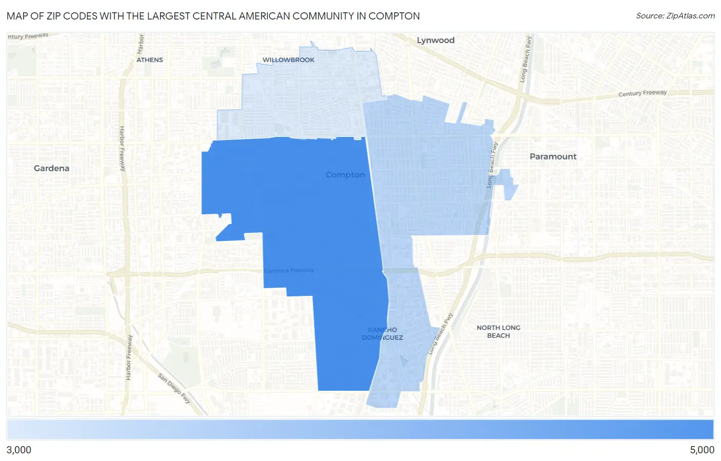 Zip Codes with the Largest Central American Community in Compton Map