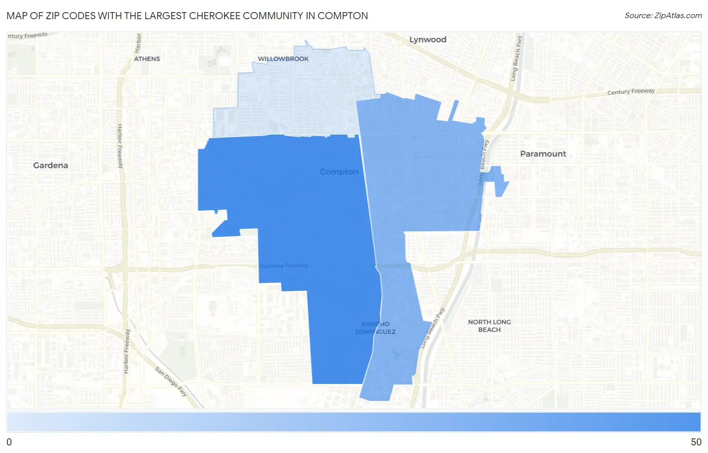 Zip Codes with the Largest Cherokee Community in Compton Map