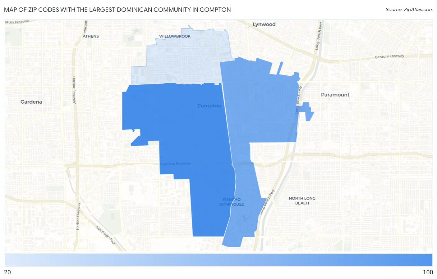 Zip Codes with the Largest Dominican Community in Compton Map